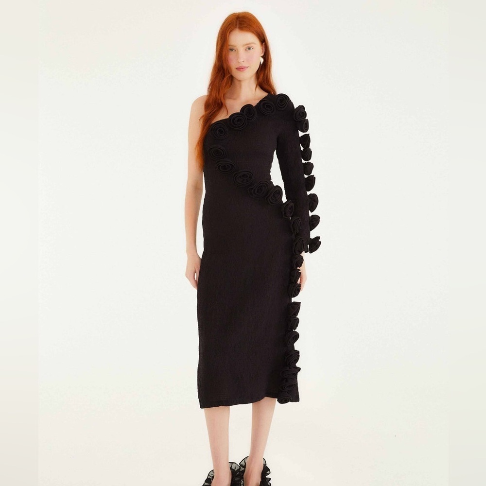 Farm Rio: Black 3d Rose One-Shoulder Midi Dress